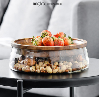 Khay đựng trái cây, bánh kẹo thương hiệu làm từ thủy tinh cường lực ONGTRE, có nắp gỗ keo cao cấp