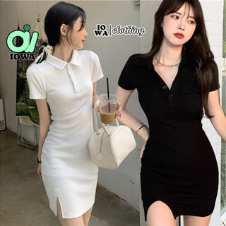 (XẢ HÀNG) Đầm Tay Ngắn CỔ POLO XẺ Trước Phối Nút Chất Gân Đẹp BM00_BM137, Váy Cổ Bẻ Ôm Body Dáng Ngắn Kiểu Trơn IOWA
