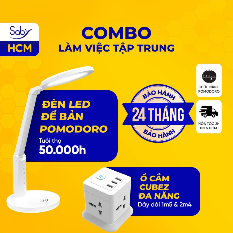 Đèn học cho bé Saby Hiveb, Combo đèn kèm Ổ cắm điện đa năng CubeZ, bóng led tổ ong thiết kế đĩa tròn độ phủ sáng rộng