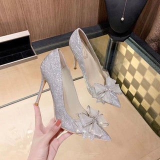 Giày cao gót mũi nhọn đính nơ kim tuyến sang chảnh cao 9 phân giày đi tiệc giày cô dâu