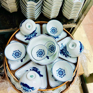 Bộ bát đĩa hoa mặt trời trắng và bộ sen 44cmset bát đĩa cúng gia tiên - vỡ 1 đổi 1
