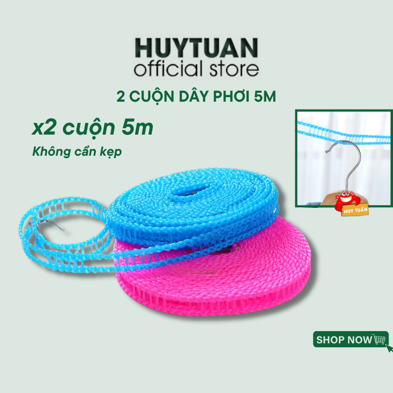 Combo 2 dây phơi đồ tiện ích dài 5m đa năng không cần móc - Cuộn dây phơi 2 đầu có móc dẻo dai bền chắc