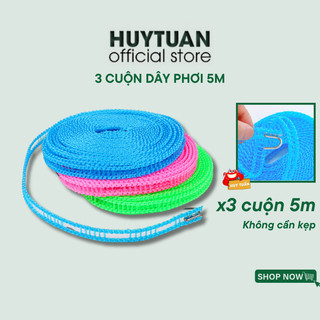 Combo 3 dây phơi đồ không sợ bay quần áo có lỗ treo cố định quần áo không cần móc - Cuộn dây phơi đồ đa năng chắc chắn