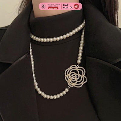 Dây Chuyền Ngọc Trai 7ly Charm Hoa Hồng  120cm Bạc 925 Sang Trọng - Ngọc Trai Trường Thịnh