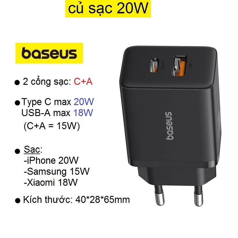 Củ sạc Baseus Cube PD 20W sạc nhanh 2 cổng Type C + USB (CCXFK20UE)
