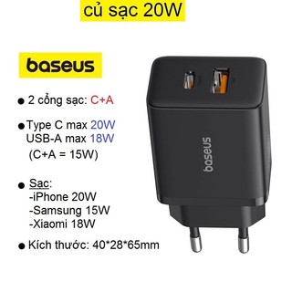Củ sạc baseus cube pd 20w sạc nhanh 2 cổng type c + usb