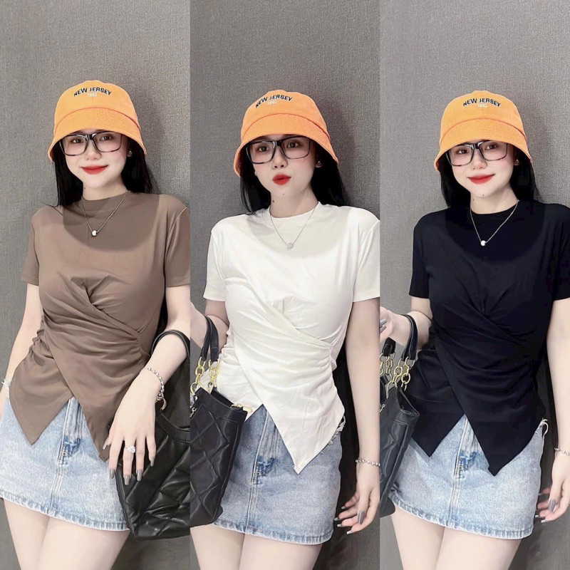 Áo thun kiểu nhúng eo xẻ vạt giữa ôm body tôn dáng ngắn tay AT6513 - NhiNhi Shop