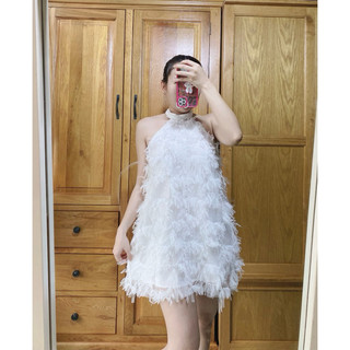Đầm babydoll suông cổ yếm lông vũ trắng hỡ lưng ( Hoả tốc HCM )