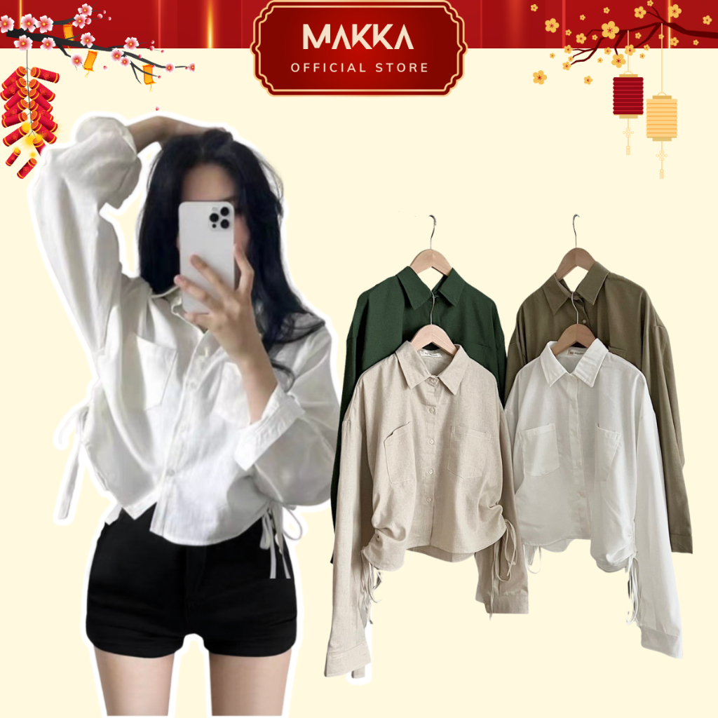 Áo sơ mi crop MAKKA tay ngắn dáng ôm phối dây rút 2 biên thời trang quyến rũ phong cách cá tính trẻ trung cho nữ 399