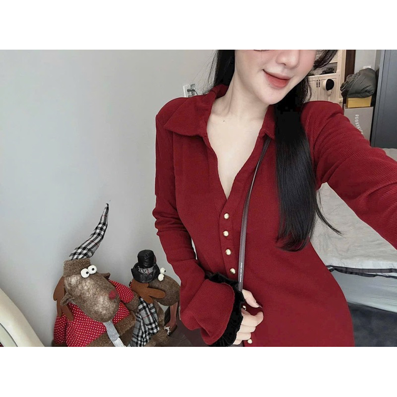 Bigsize - Váy Len Tăm Bèo Phối Hàng Khuy Vàng 60kg-90kg