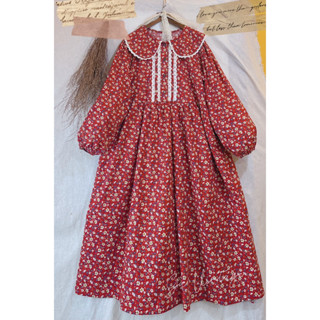 Đầm hoa nhí đỏ Gà Vintage babydoll dáng dài tay phồng