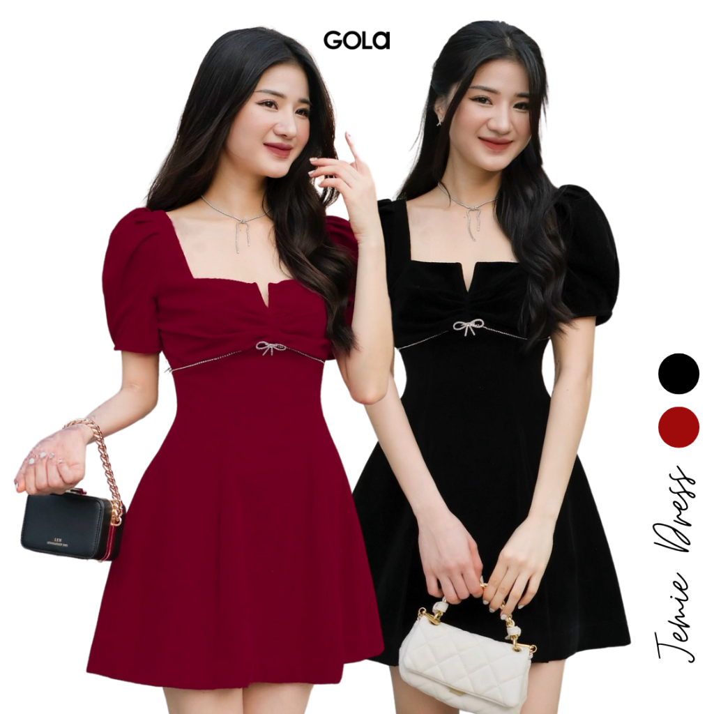 Đầm JEMIE - Đầm nhún ngực tay xẻ đính nơ