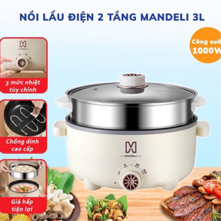 🥘nồi lẩu điện ember đa năng 2 tầng mandeli kèm giá hấp 28 cm tráng men chống dính năng 💯