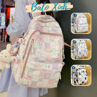 Balo đi học nữ xinh xắn cặp đi học nữ duyên dáng họa tiết sọc caro thời trang ulzzang nhiều ngăn chống nước BLX04