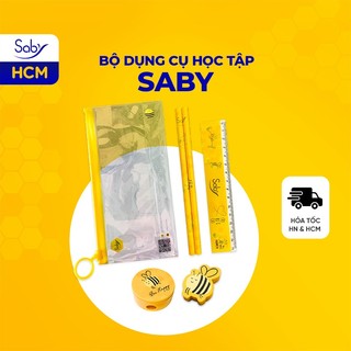 Bộ dụng cụ học tập cho bé Saby 6 món bút chì thước kẻ gôm tẩy túi đựng bút đồ dùng học tập tiểu học