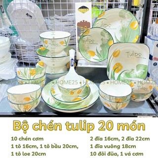 Bộ chén dĩa TULIP trang trí bàn ăn 20 món kèm đũa và vá cơm, tô canh tráng men cao cấp decor bếp HOME25 GIA DỤNG