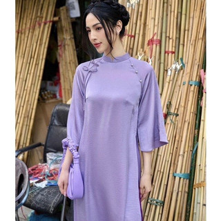Áo dài cách tân hai tà dáng suông tây thi, áo dài truyền thống xưa đính nơ cao cấp