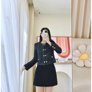 Áo dạ tweed cổ sen đen cúc đồng