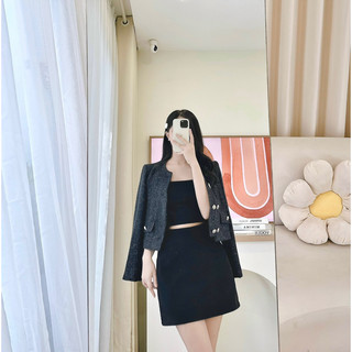 Áo dạ tweed cổ sen đen cúc đồng