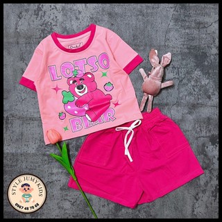 Bộ đùi thun bé gái 10-45kg, họa tiết gấu dâu cổ trònmix màu cực xinh, chất vải thun cotton chính phẩm mềm mượt siêu xinh