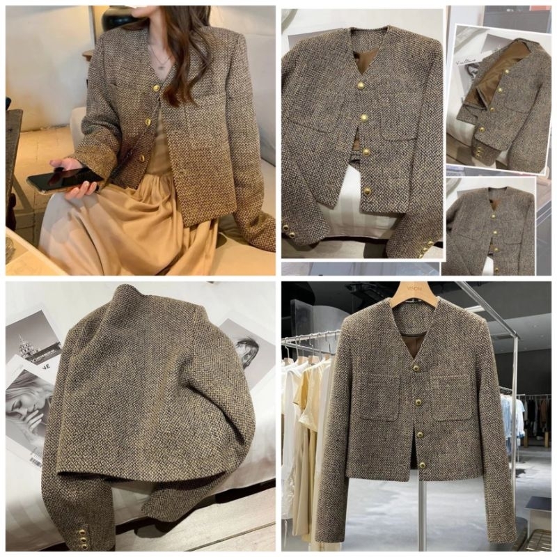 Áo khoác ADRIENNE VITTADINI dáng lửng dạ tweed nâu tây tay dài cúc đồng