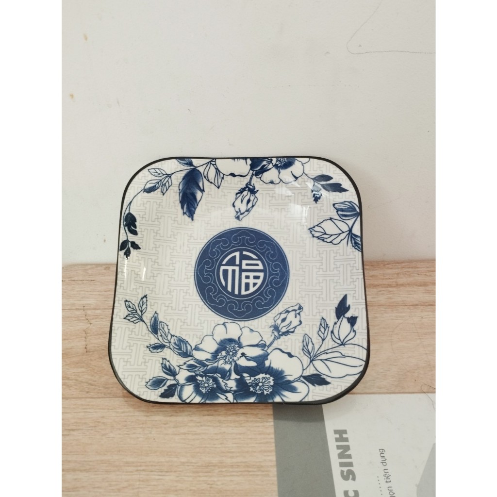 dĩa sứ vuông mẫu xanh chữ phúc size 8 inch / 9 inch