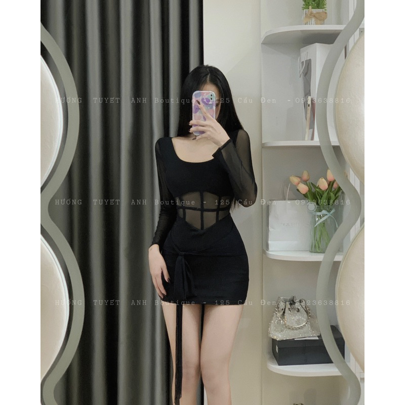 Váy body tay dài cổ U dáng ngắn buộc nơ eo ( hình chính chủ )