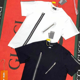 Áo phông nam nữ Cotton Dsq trơn phối thêu khoá zip chéo cổ kiểu dáng đơn giản