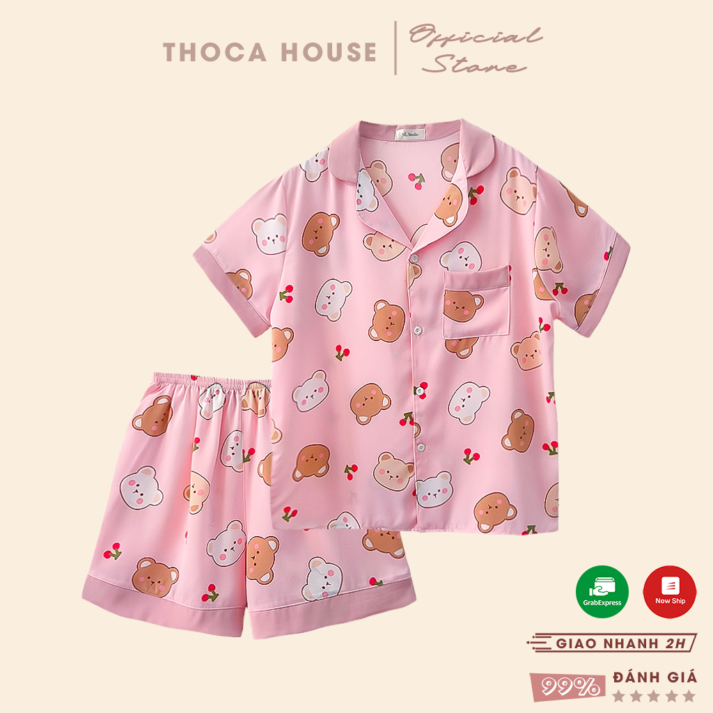 Bộ đồ ngủ pijama đùi hoạt hình lụa mát THOCA HOUSE đồ bộ mặc nhà lưng thun thoải mái cho mùa hè