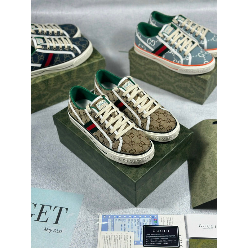 Giày 𝐆𝐔𝐂𝐂𝐈 Tennis 1977, Giày GC Xanh GG-Canvas And Leather Trainers Green Gucci tennis nâu hàng cao cấp