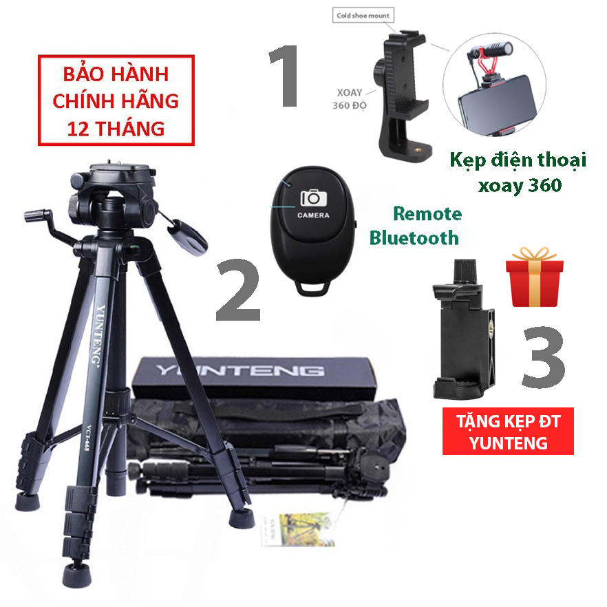 Chân Máy Ảnh Tripod YUNTENG VCT-668 (tặng kèm kẹp điện thoại)