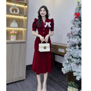 Đầm mặc tết thời trang nữ dự tiệc sang trọng chất nhung cổ V tay ngắn đính nút kèm phụ kiện dáng váy chữ A dài maxi