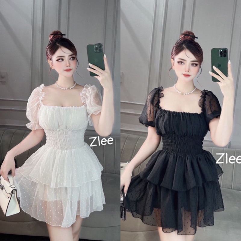 ĐẦM CỔ VUÔNG TAY PHỒNG CÚP NGỰC VOAN BI XẾP TẦNG XOÈ DỄ THƯƠNG