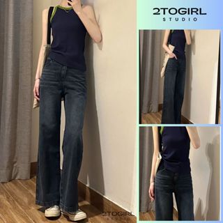 Quần jeans nữ xanh đen Stone sọc ống loe lưng cao thời trang Ulizzang hàn quốc