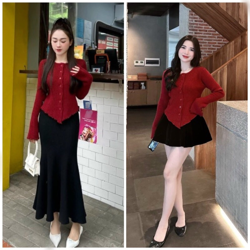Set Áo Cúc Đỏ Dài Tay Vạt Nhọn Mix Chân Váy Siêu Xinh Xắn Dáng Hàn Quốc