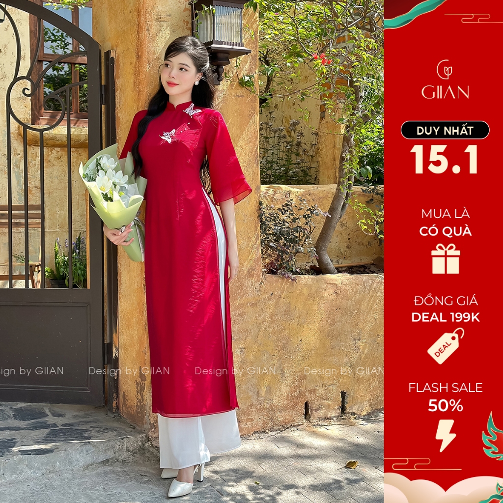Áo dài cách tân nữ đỏ tay bồng 4 tà thiết kế đính hồ điệp vải tơ óng cao cấp dự tiệc lễ tết đẹp chính hãng Giian AD0601