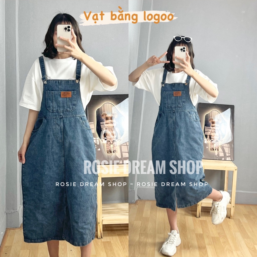 Yếm Bò Nâu Dáng Váy Siêu Hot, Váy Yếm Nữ Yếm Jeans Nữ Dáng Dài Bấm Khuy Túi Ngực