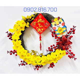 Vòng nguyệt quế hoa mai - hoa đào điểm cành đào đông đỏ treo cửa bao lì xì may mắn trang trí tết - Quà tặng biếu tết