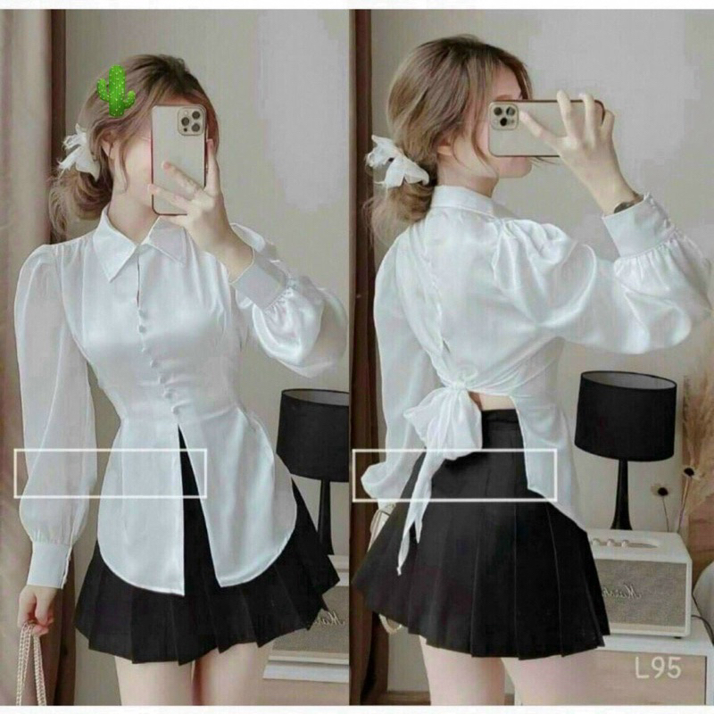 Áo Sơ Mi Phi Lụa Tay Phồng Tiểu Thư Cúc Bọc Xẻ Tà Giữ la Thắt Nơ Lưng | BigBuy360 - bigbuy360.vn