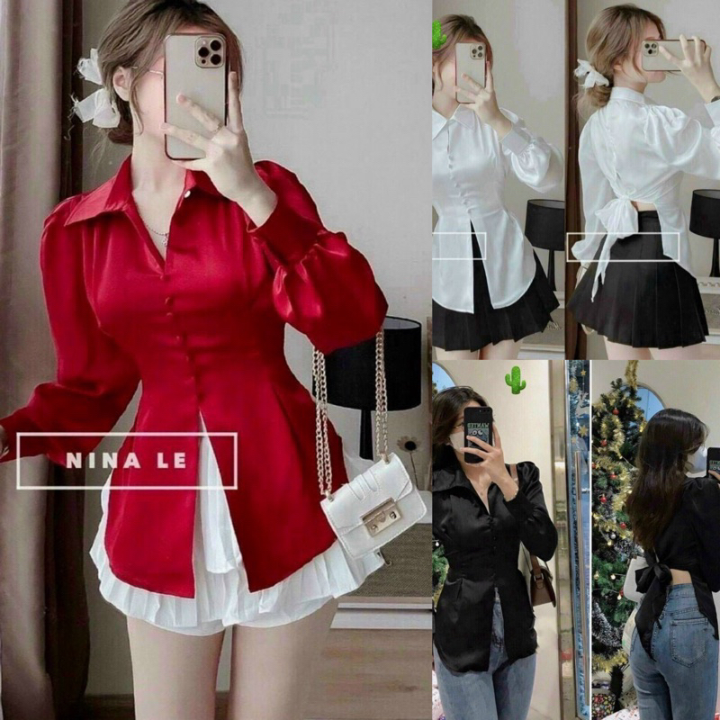 Áo Sơ Mi Phi Lụa Tay Phồng Tiểu Thư Cúc Bọc Xẻ Tà Giữ la Thắt Nơ Lưng