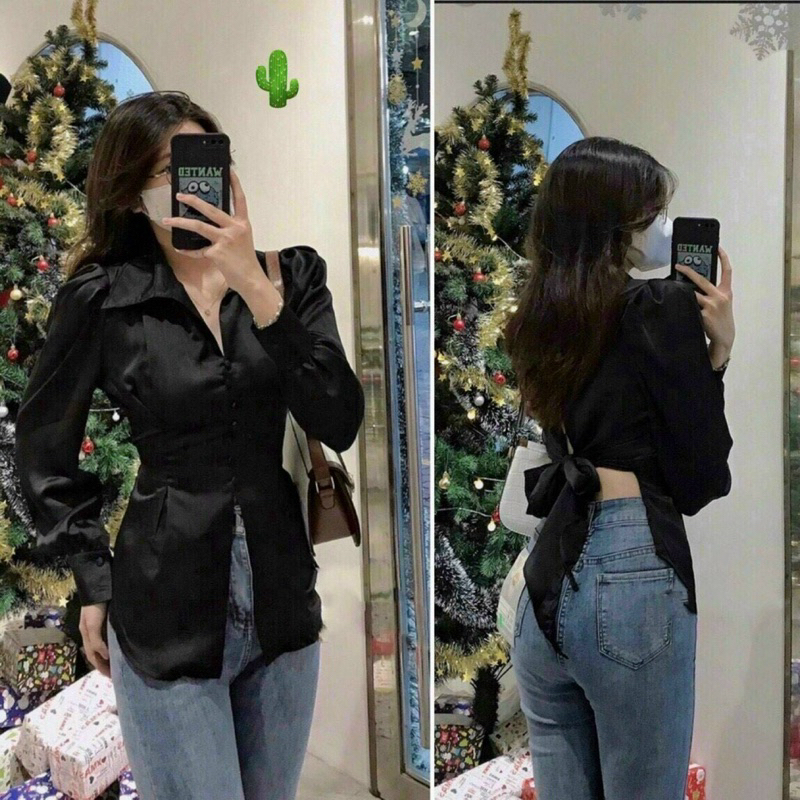 Áo Sơ Mi Phi Lụa Tay Phồng Tiểu Thư Cúc Bọc Xẻ Tà Giữ la Thắt Nơ Lưng | BigBuy360 - bigbuy360.vn