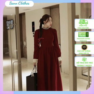 Váy nhung cổ đính đá 𝐀𝐒𝐇𝐘𝐋𝐄𝐘 tay dài bồng dáng dài cực xinh
