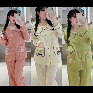 Bộ đồ ngủ dài tay chất đũi cổ bèo đẹp, có túi gấu siêu mát