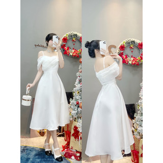Đầm Trắng thiết kế, đầm dự tiệc 2 dây trễ vai đính ngọc xinh xắn nhà Ley