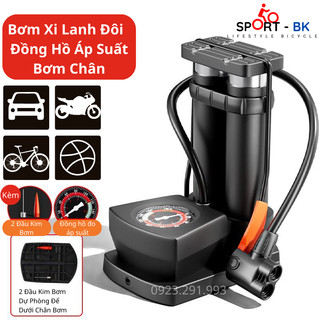 Bơm đạp chân 2 xilanh có đồng hồ đo áp suất tiện lợi, bơm xe đạp thể thao xe máy bơm bóng mini - bk08
