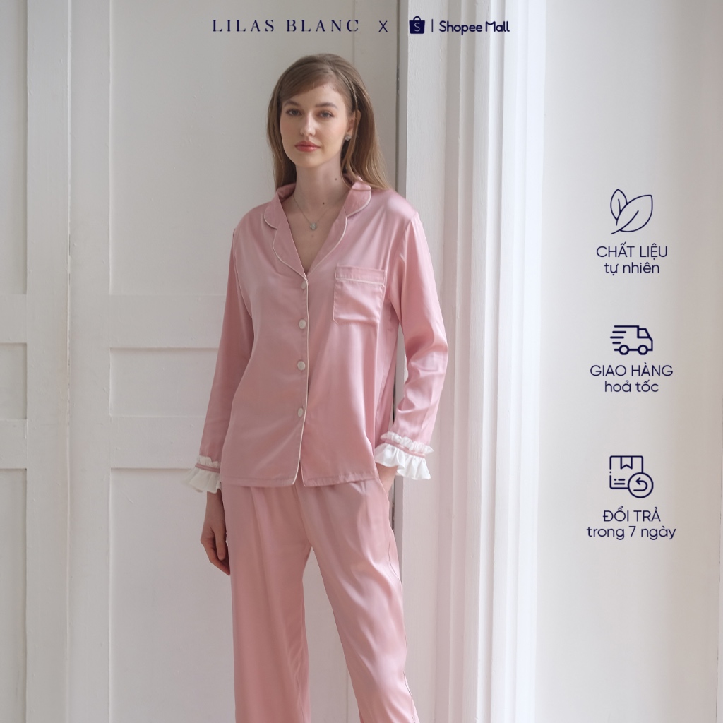 Bộ Pyjamas Nữ Mặc Nhà Áo Dài Quần Dài Chất Liệu Lụa Màu Hồng Pastel Thiết Kế Phối Viền Bèo Trắng Bella LILAS BLANC