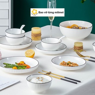 Bát đĩa sứ tròn viền đen, bát đĩa rẻ đẹp dùng được lò vi sóng,bát đẹp,đĩa đẹp, đĩa sứ, bát sứ, đĩa decor, bát tô canh