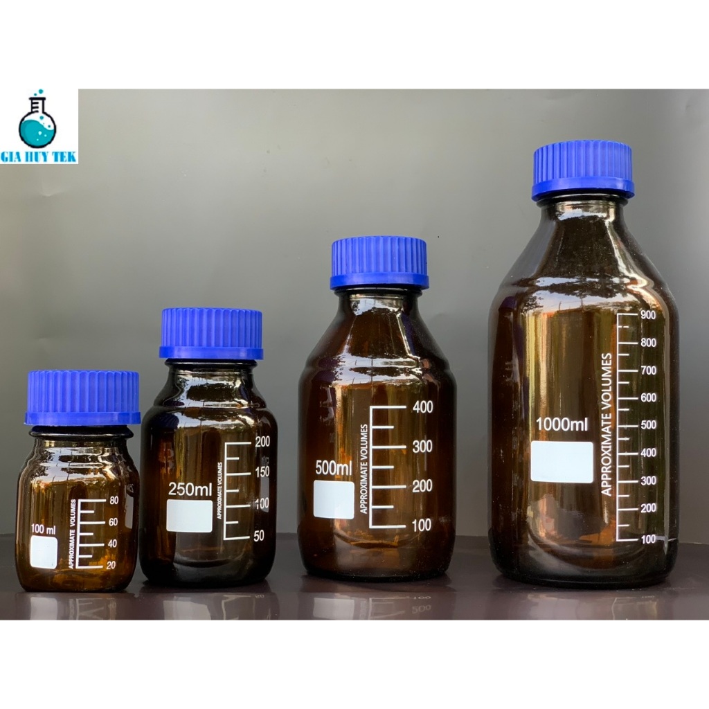 Chai trung tính, Chai thủy tinh Nâu nắp vặn xanh có chia vạch 100ml 250ml 500ml 1000ml
