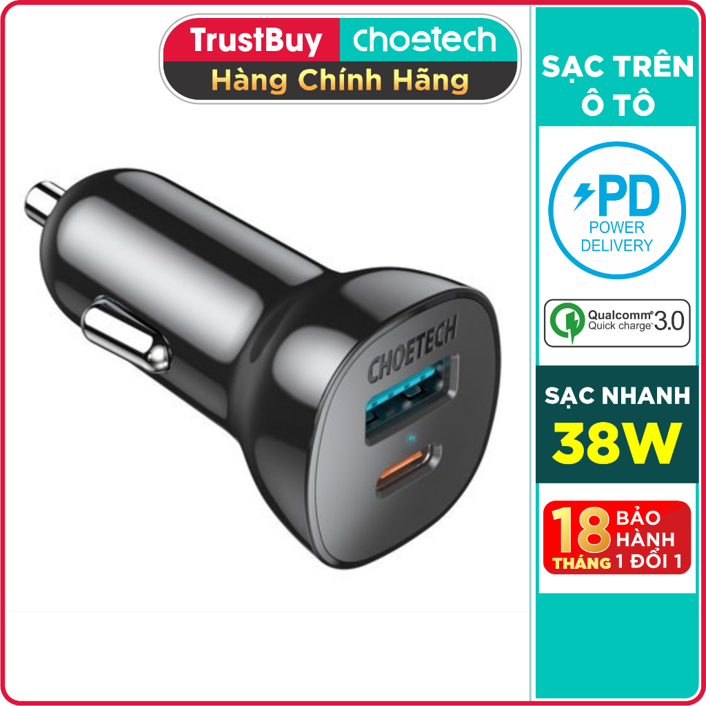 Củ Sạc Điện Thoại Ô Tô 38W CHOETECH TC0005 V2 USB Quick Charge 3.0 18W, Type-C PD 20W – Hàng Chính Hãng