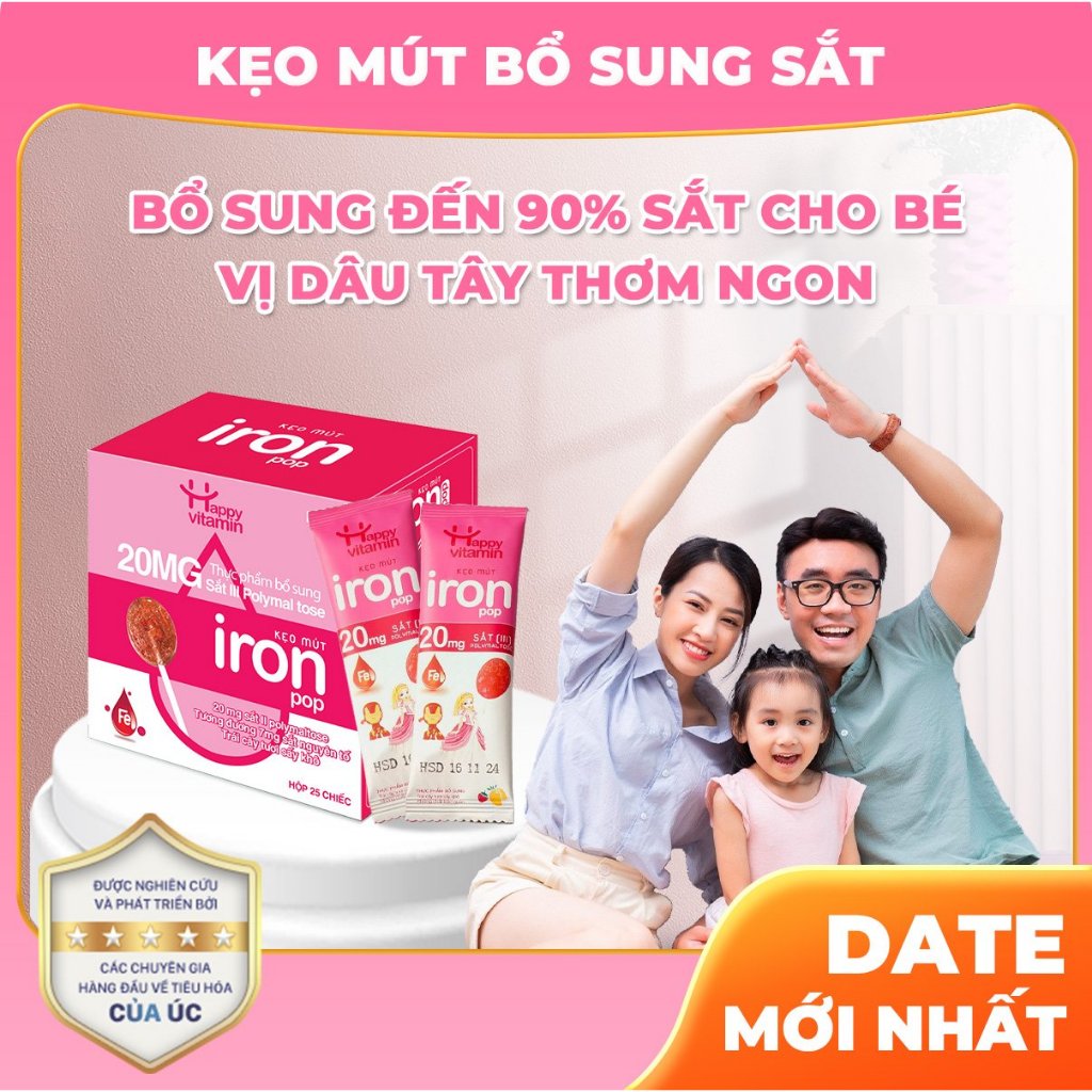 Kẹo mút bổ sung Sắt cho bé Happy Vitamin - hàm lượng Sắt hữu cơ hỗ trợ tạo hồng cầu, ngừa thiếu máu,khỏe mạnh, hồng hào